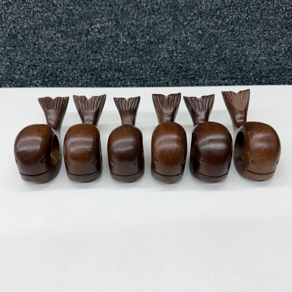 Vintage Hand Carved Wood Whale Napkin Rings Set of 6 Dark Brown Nautical Coastal